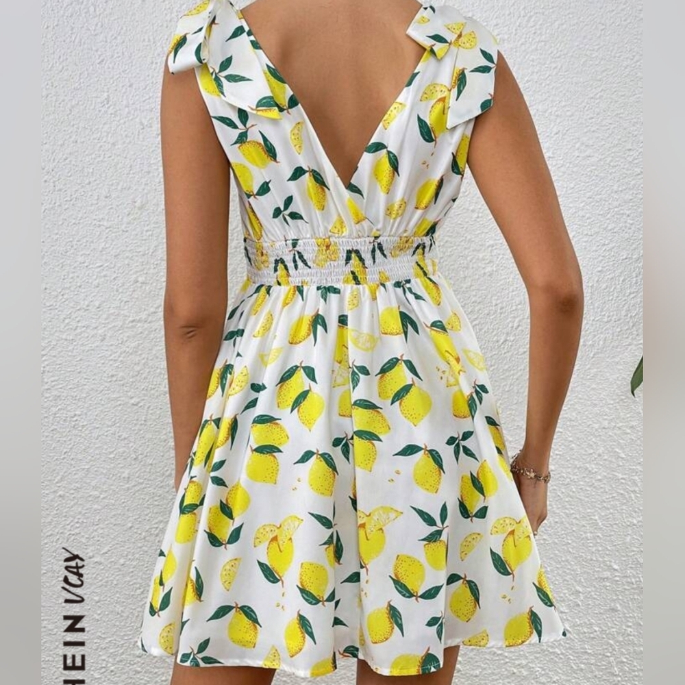 🍋Lemon Print SHEIN VCAY Tie Shoulder Dress - Picture 2 of 10